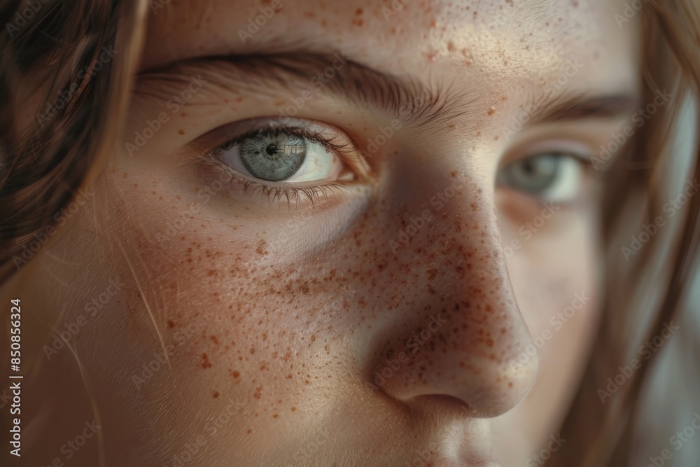 In the style of natural portrait photography, a close-up reveals a girl with multiple freckles on her face, emphasizing her natural beauty and individuality with candid authenticity In the style of natural portrait photography, a close-up reveals a girl with multiple freckles on her face, emphasizing her natural beauty and individuality with candid authenticity
