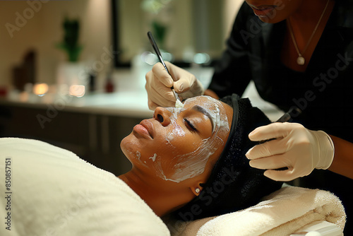 An esthetician applying a facial mask to a relaxed woman in a serene spa setting, highlighting beauty and skincare.
