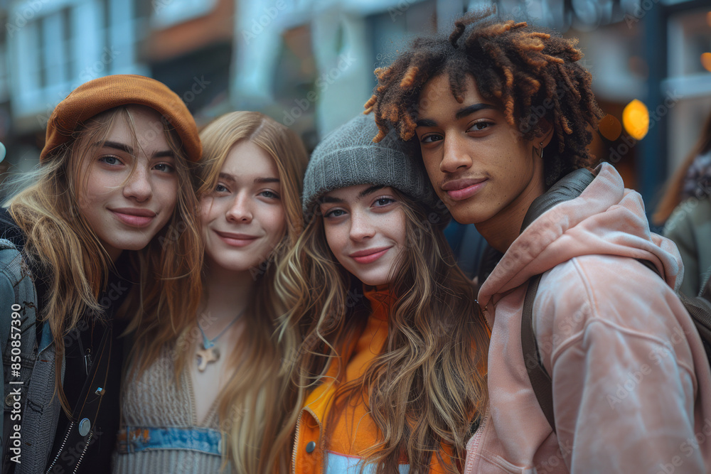 Cheerful group of five diverse teenagers enjoying a sunny day in the city. Cheerful group of five diverse teenagers enjoying a sunny day in the city.