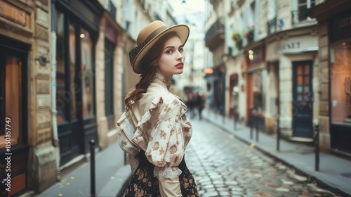 elegant young woman in vintage outfit walking parisian streets coquette street style fashion photography © Bijac