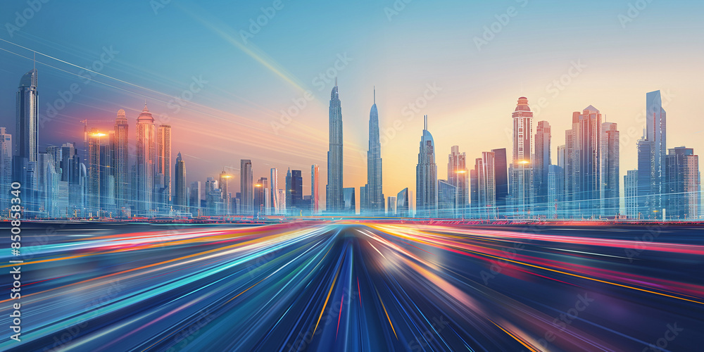 Obraz premium Futuristic city street at night with vibrant light trails from passing cars. Headlights shining towards a towering skyline, capturing the dynamic and energetic urban environment.