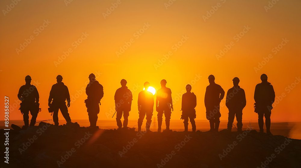 group of builders silhouette of workers on a construction site, standing in a row against a sunset background, with a copy space