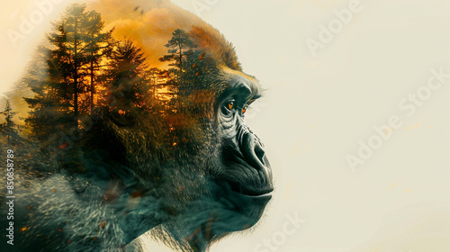 The gorilla's face is in profile. The left side of its face is covered in green leaves, while the right side is covered in brown fur. The background is a blur of light brown.