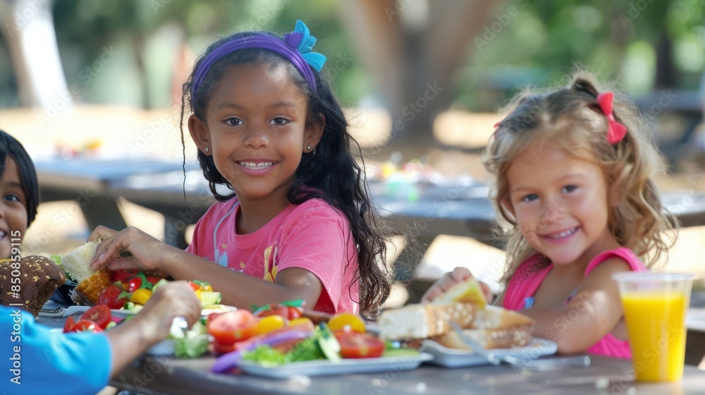 A group of children are sitting at a picnic table eating food A group of children are sitting at a picnic table eating food