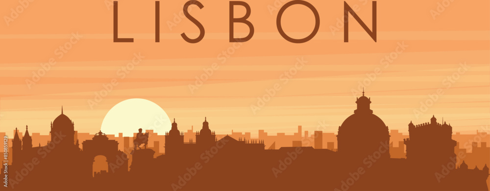 Brown panoramic poster of the city skyline with misty background buildings, sunrise, clouds and mountains of LISBON, PORTUGAL Brown panoramic poster of the city skyline with misty background buildings, sunrise, clouds and mountains of LISBON, PORTUGAL