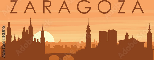 Brown panoramic poster of the city skyline with misty background buildings, sunrise, clouds and mountains of ZARAGOZA, SPAIN