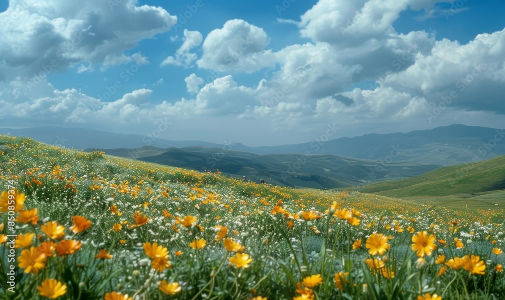 Rolling Hills Covered in Yellow Wildflowers with Blue Sky and White Clouds. Rolling Hills Covered in Yellow Wildflowers with Blue Sky and White Clouds.