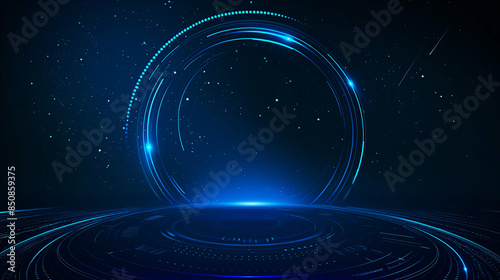 Abstract futuristic blue technology podium background for product with glowing ring and circle frame on dark space starry sky