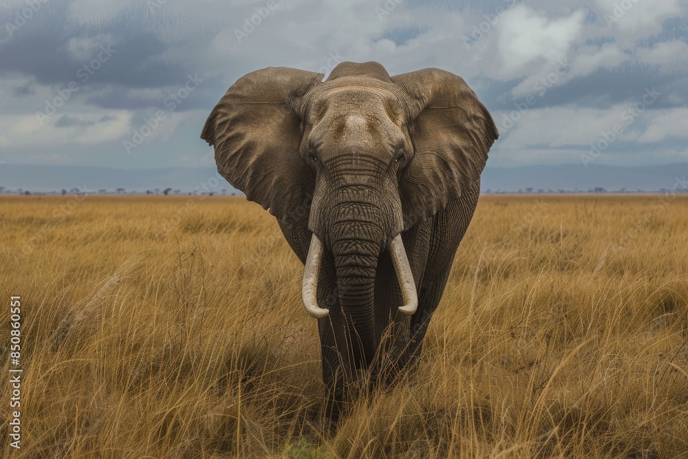 Naklejka premium Commanding african elephant stands in the golden savannah grass under a stormy sky