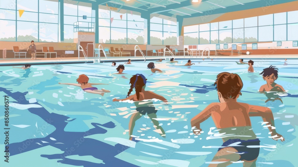A group of children are playing in a swimming pool A group of children are playing in a swimming pool