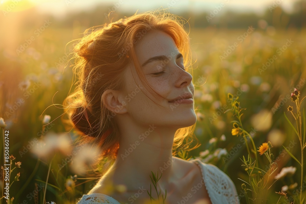 Woman Inhaling Fresh Air In A Meadow At Sunset Woman Inhaling Fresh Air In A Meadow At Sunset