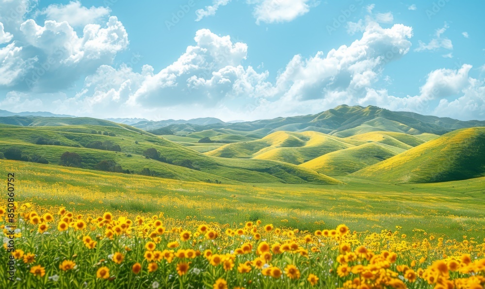 Obraz premium Yellow and Green Landscape with Rolling Hills and Bright Yellow Flowers under a Blue Sky with White Clouds.