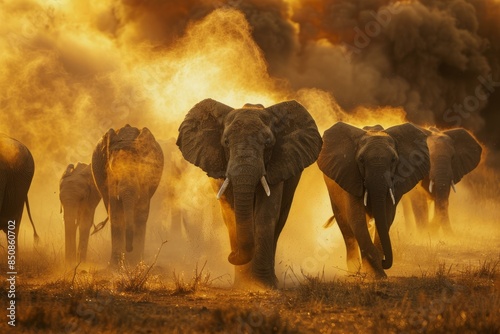 Herd of elephants marches through a dustfilled savanna backlit by a golden sunset photo