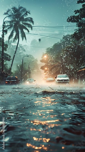 Wallpaper Mural A rainy night in a tropical city, with palm trees and streetlights reflecting in the flooded street. Torontodigital.ca