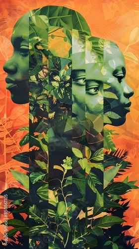 Abstract portrait of two women with vibrant foliage and geometric patterns. photo