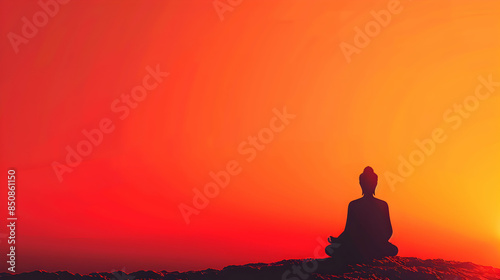 Photo Realistic Meditation Cushion and Buddha Silhouette Illustration with Space for Text and Graphics: An Illustrative Design Perfect for Spiritual Themes, Meditation Practices, a © HaJung