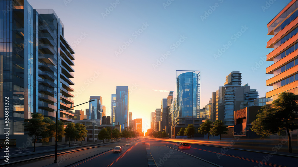 Fototapeta premium Sunset Boulevard Amidst Urban Skyscrapers