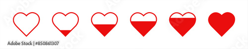 Collection of love heart icon set in red color. Heart shape loading progress indicator vector illustration