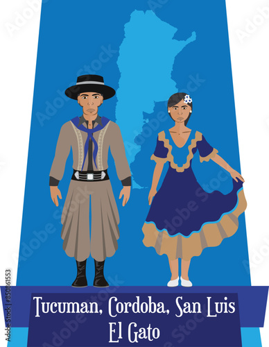 Illustration vector isolated of El Gato, Argentinian traditional dance costumes, folklore. 