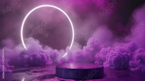 Neon half-circle and smoke on dark background photo