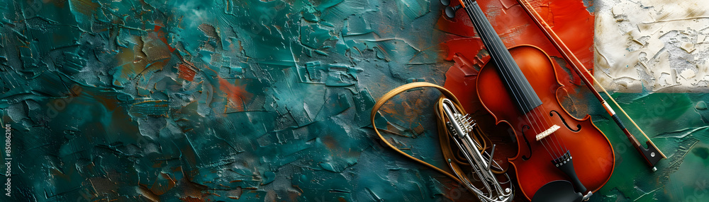 Fototapeta premium Mexican Mariachi Instruments with Flag Elements for Musical Heritage and Independence Day