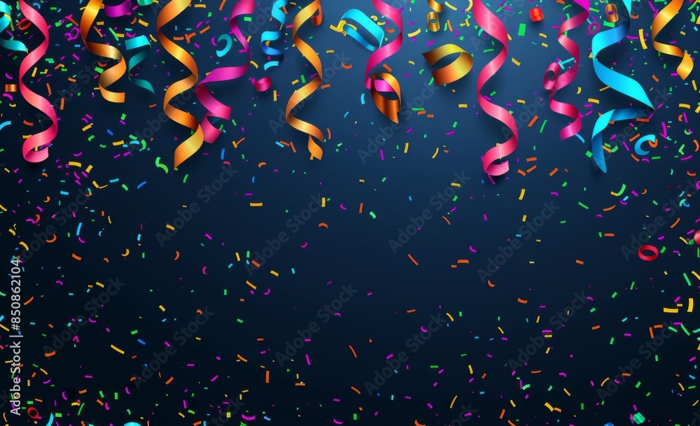 Dark Blue Background with Colorful Confetti and Ribbons. Copy Space for Celebration and Party Themes.
Dark Blue Background with Colorful Confetti and Ribbons. Copy Space for Celebration and Party Themes.