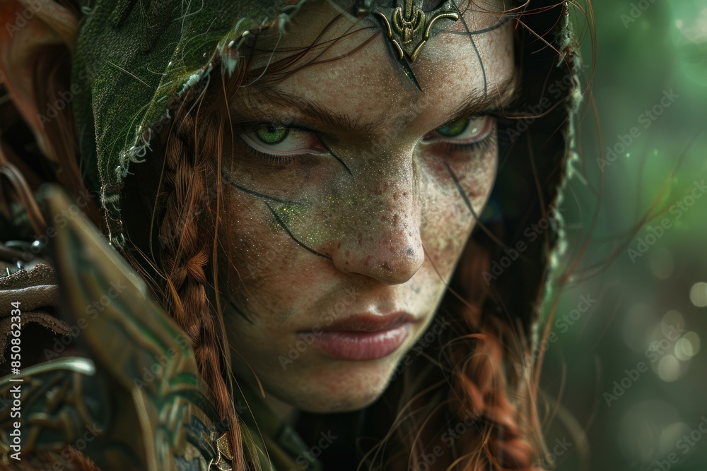 Closeup portrait of a mystical forest elf with intense green eyes. Wearing an intricate leaf crown. In a magical and enchanting woodland setting Closeup portrait of a mystical forest elf with intense green eyes. Wearing an intricate leaf crown. In a magical and enchanting woodland setting
