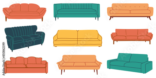 Set of trendy sofas, chairs, armchairs, couches with cushions in retro Mid Century Modern style. Scandinavian living room furniture collection. Flat vector illustration on transparent background.
