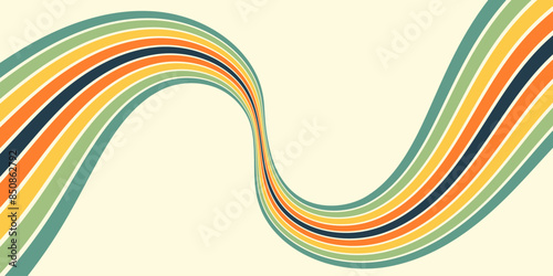 Abstract colorful 70s background vector. Vintage retro wallpaper with rainbow stripes and wavy lines. A 1970 color illustration suitable for posters, banners, decorative items and wall art.