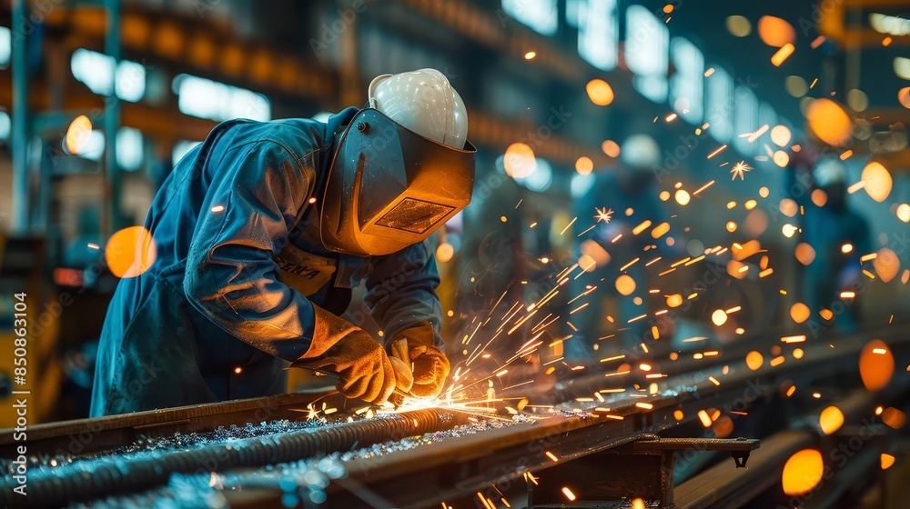 Welder working on a metal beam in a factory setting. Welder working on a metal beam in a factory setting.