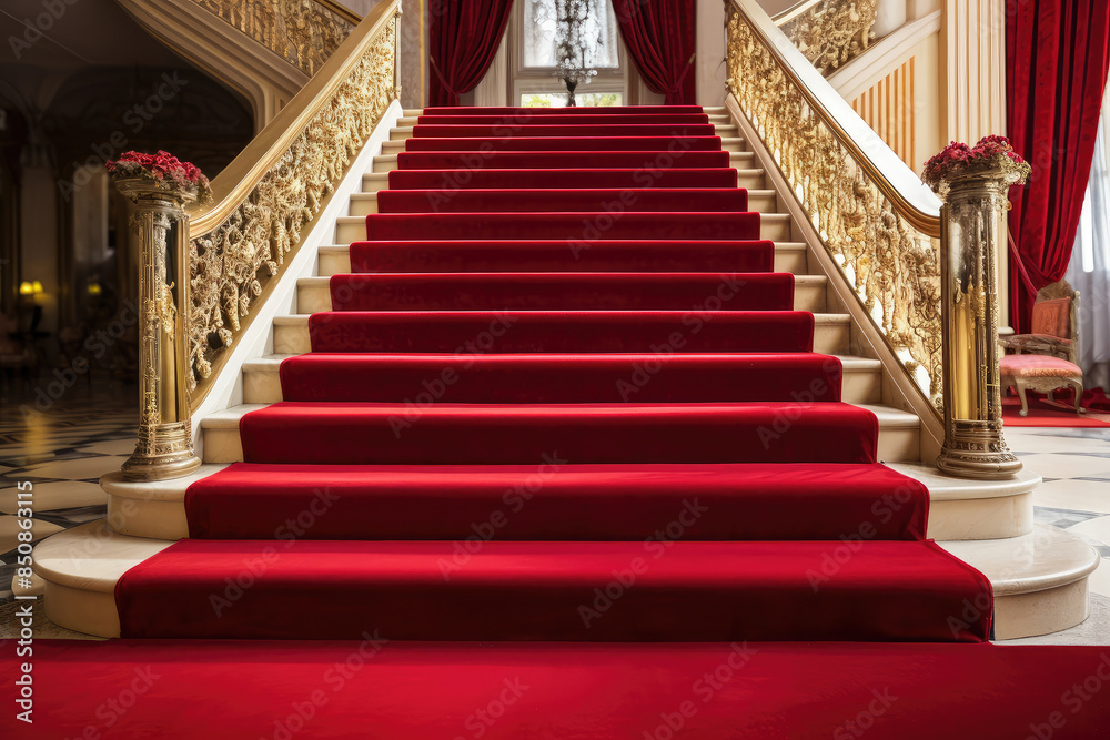 Majestic Grand Staircase with Luxurious Red Carpet Majestic Grand Staircase with Luxurious Red Carpet