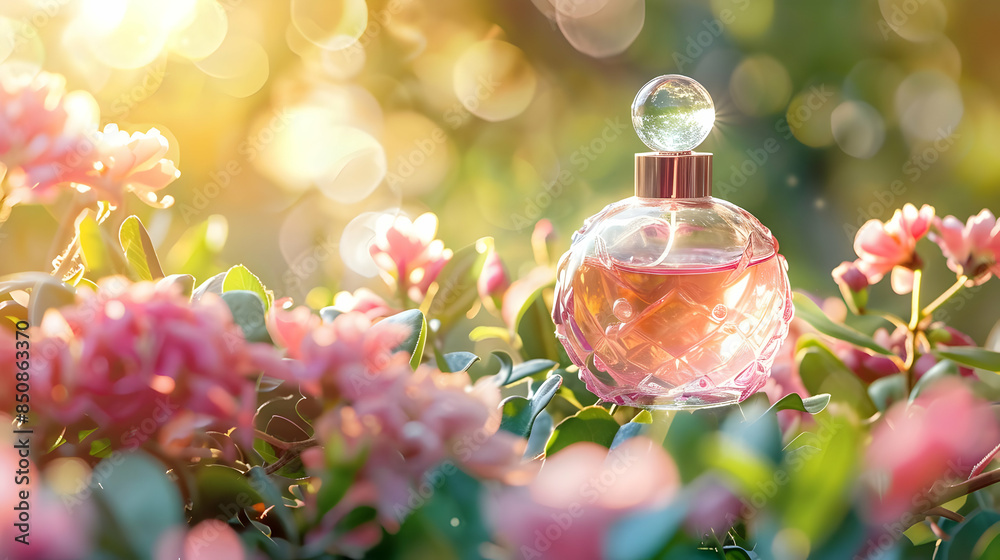 Luxury perfume with floral scent for women, glass fragrance bottle in the flower garden among blooming flowers on a sunny day Luxury perfume with floral scent for women, glass fragrance bottle in the flower garden among blooming flowers on a sunny day