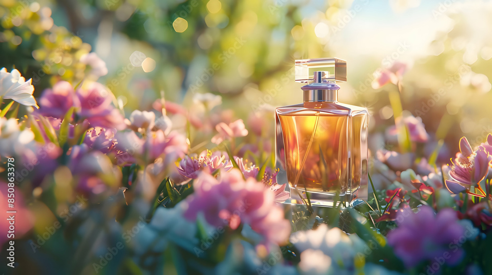 Luxury perfume with floral scent for women, glass fragrance bottle in the flower garden among blooming flowers on a sunny day