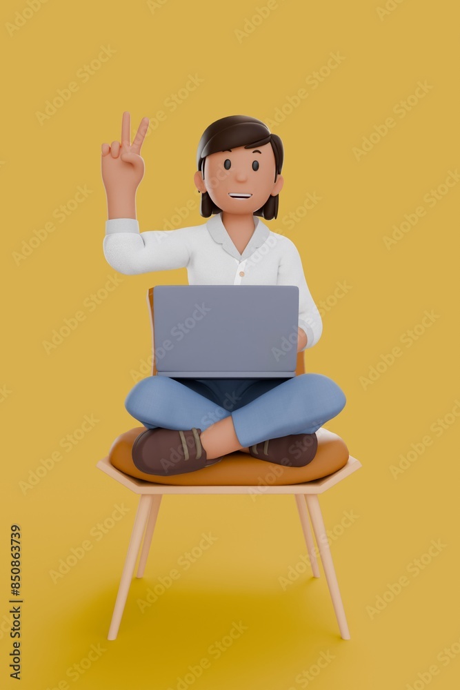 3D illustration of woman working on laptop while smiling and raised his right hand 3D illustration of woman working on laptop while smiling and raised his right hand