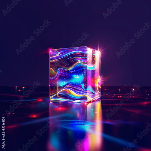 A digital rendering of an abstract, fluid shape with iridescent colors and reflections, set against a pastel blue background. The form is designed to resemble the interwoven structure of two intertwin photo