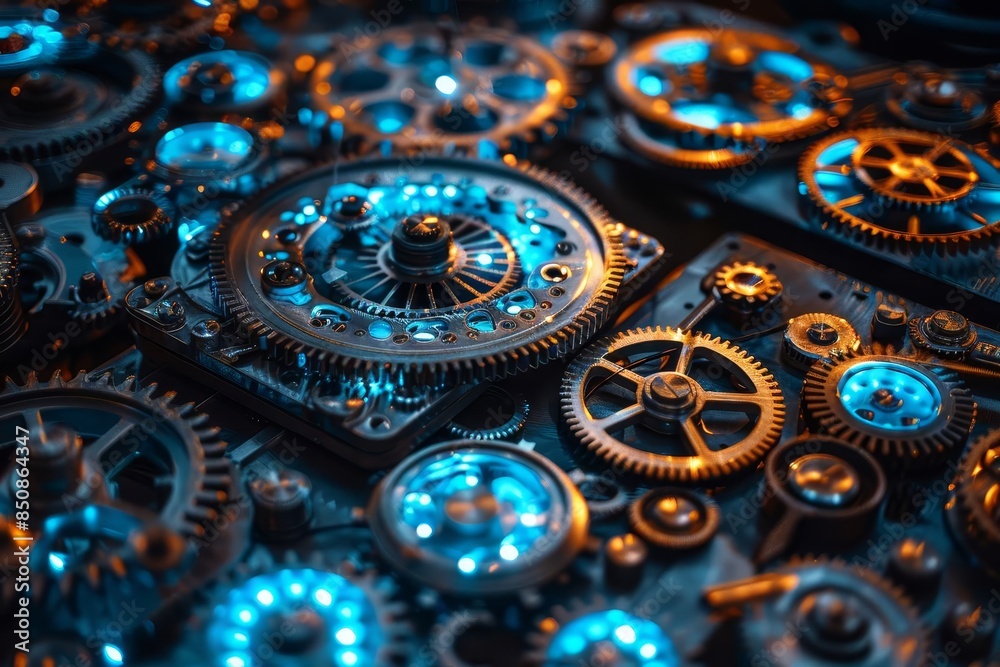 Close up of intricate gears with glowing blue light, abstract background. Close up of intricate gears with glowing blue light, abstract background.