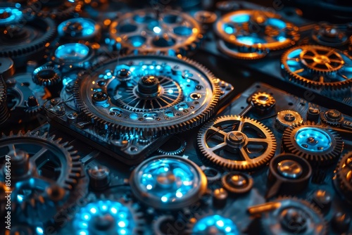 Wallpaper Mural Close up of intricate gears with glowing blue light, abstract background. Torontodigital.ca