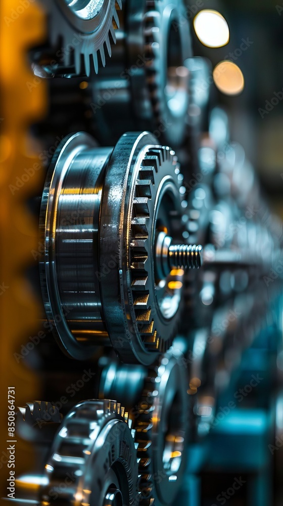 Close-up of intricate metal gears in a machine. Close-up of intricate metal gears in a machine.
