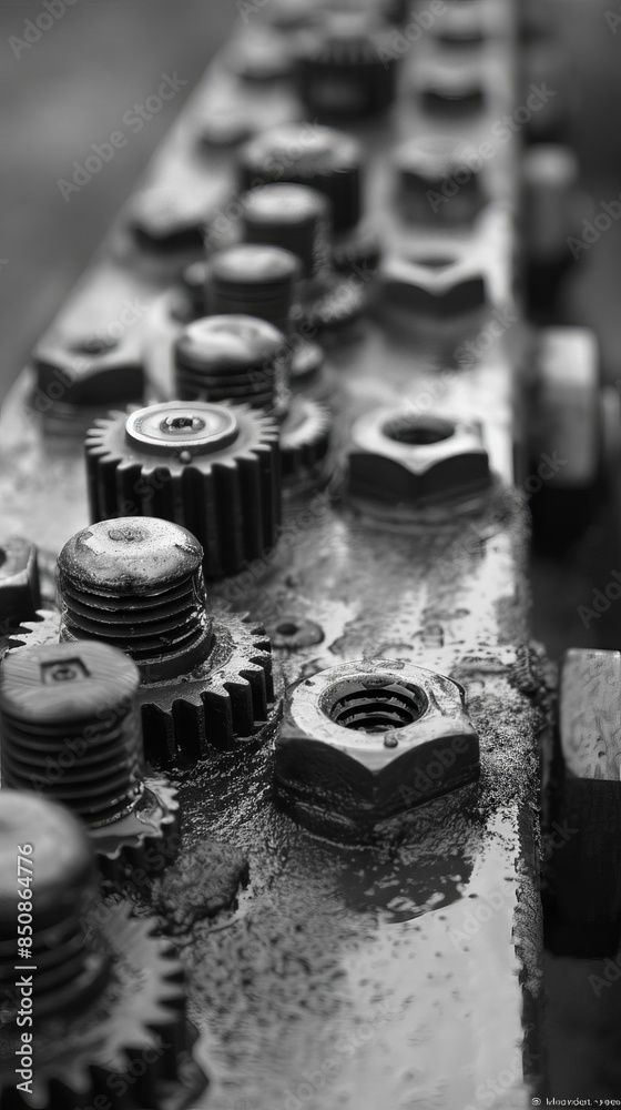 Close-up of various nuts, bolts, and gears on a metal surface. Close-up of various nuts, bolts, and gears on a metal surface.
