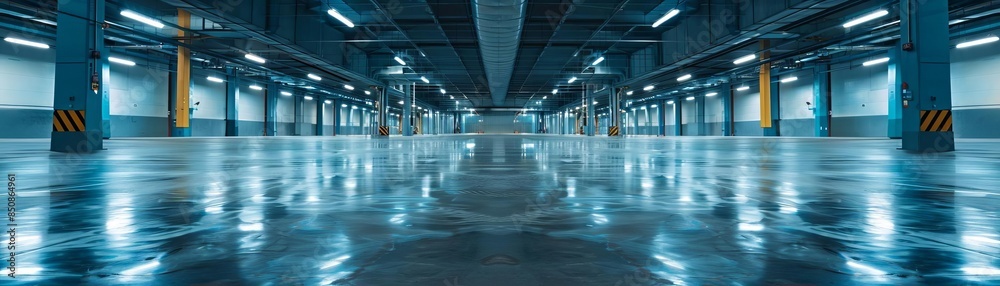 Fototapeta premium Empty parking garage with bright lights and reflecting floor