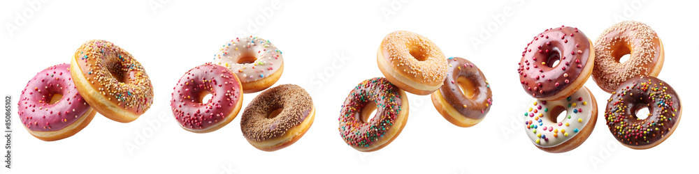 Collection of round donuts, flying falling with sprinkles on white background. Many assorted different donuts. Collection of round donuts, flying falling with sprinkles on white background. Many assorted different donuts.