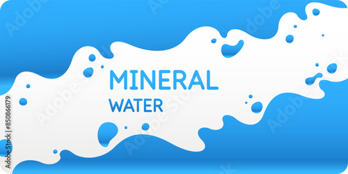 Modern poster mineral water with splashes on background. Vector illustration in flat minimalistic style.
