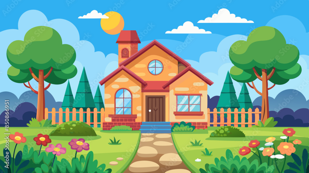 Fototapeta premium 2d-animation-background-including-house-and-garden