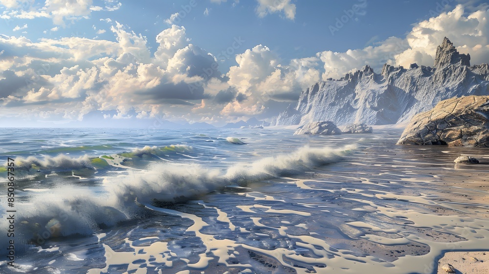 Breathtaking seascape with dramatic waves crashing against a rocky shoreline under a cloudy blue sky, creating a serene and powerful scene in nature. Breathtaking seascape with dramatic waves crashing against a rocky shoreline under a cloudy blue sky, creating a serene and powerful scene in nature.
