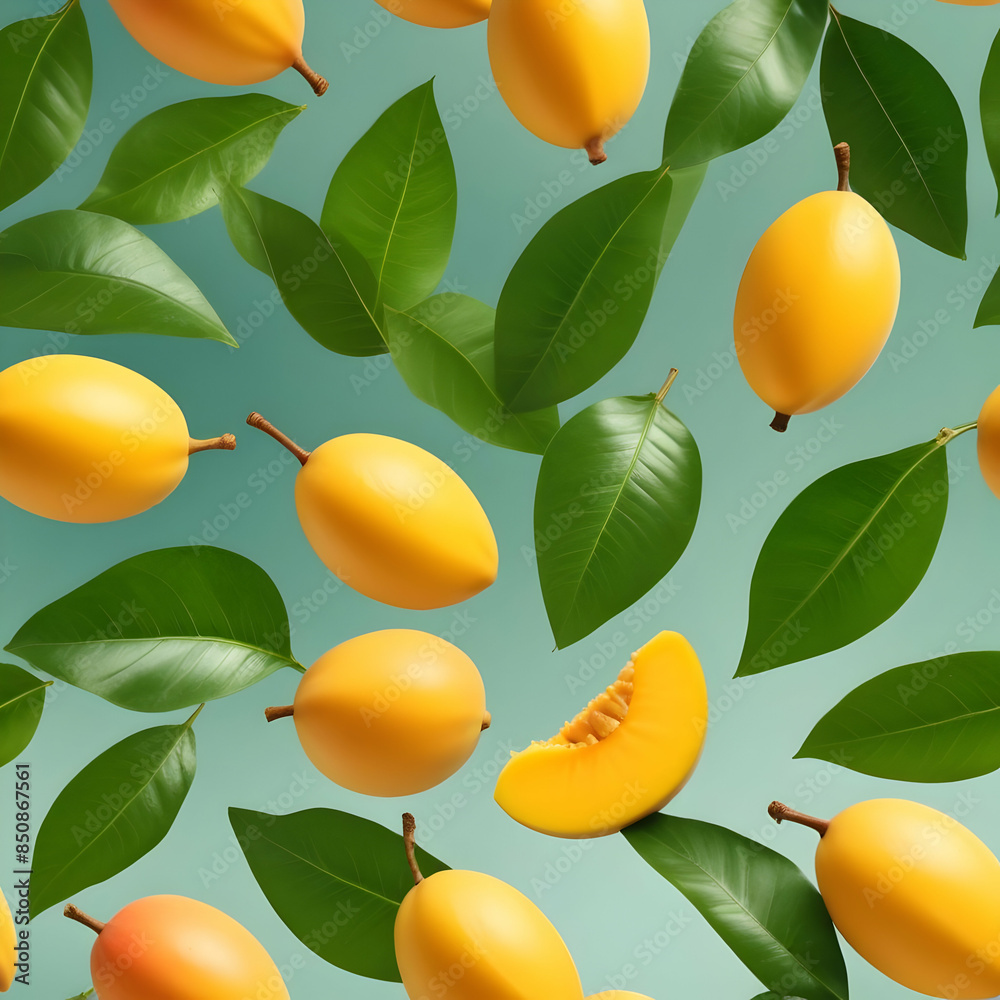 Abstract design created using mangoes and leaves Top own view Culinary theme Mango positioned. Abstract design created using mangoes and leaves Top own view Culinary theme Mango positioned.