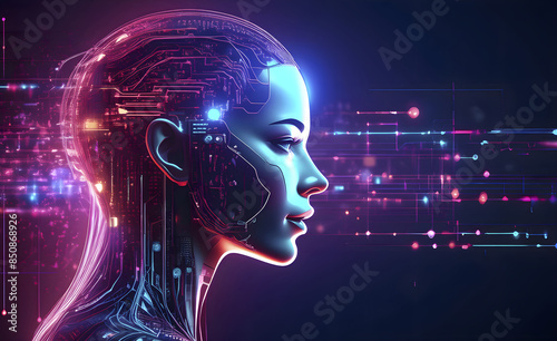 Side profile of a futuristic artificial intelligence computer head with glowing lines and data