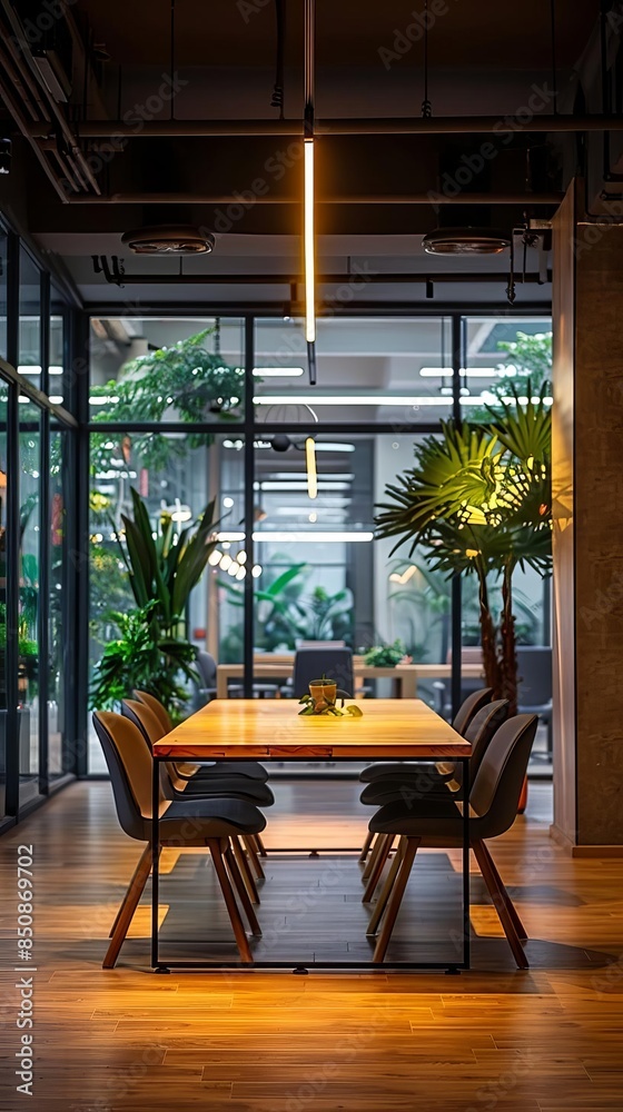 Fototapeta premium Modern office meeting room with large windows and plants.