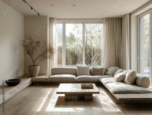 A minimalistic living room with neutral colors, a sleek low-profile sofa, a simple coffee table, and large windows letting in natural light
