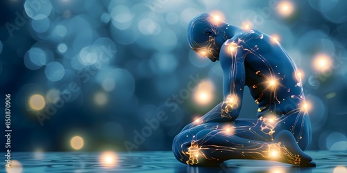Person with fibromyalgia experiencing widespread pain and fatigue depicted as glowing points. Concept Chronic Pain, Fibromyalgia Awareness, Painful Symptoms, Invisible Illness, Overcoming Adversity