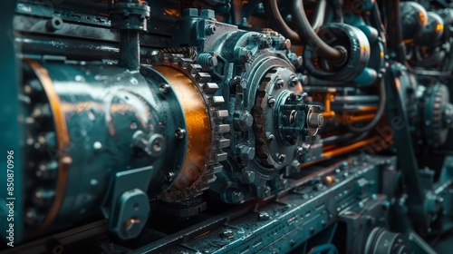 Close-up of a complex machinery with gears and metal parts.